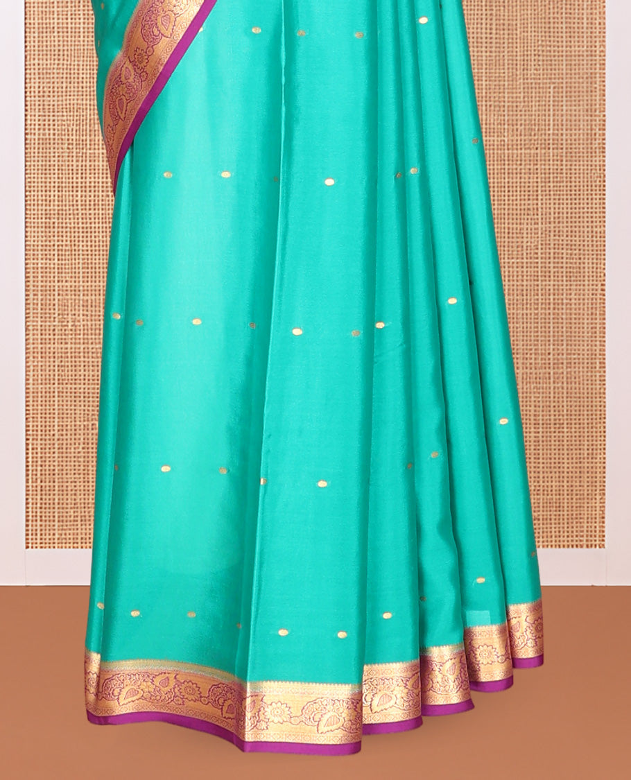 Turquoise Zari Buttas Mysore Silk Saree, Complemented by a Contrast Traditional Zari Border, Zari Design Pallu, and a Contrast Blouse