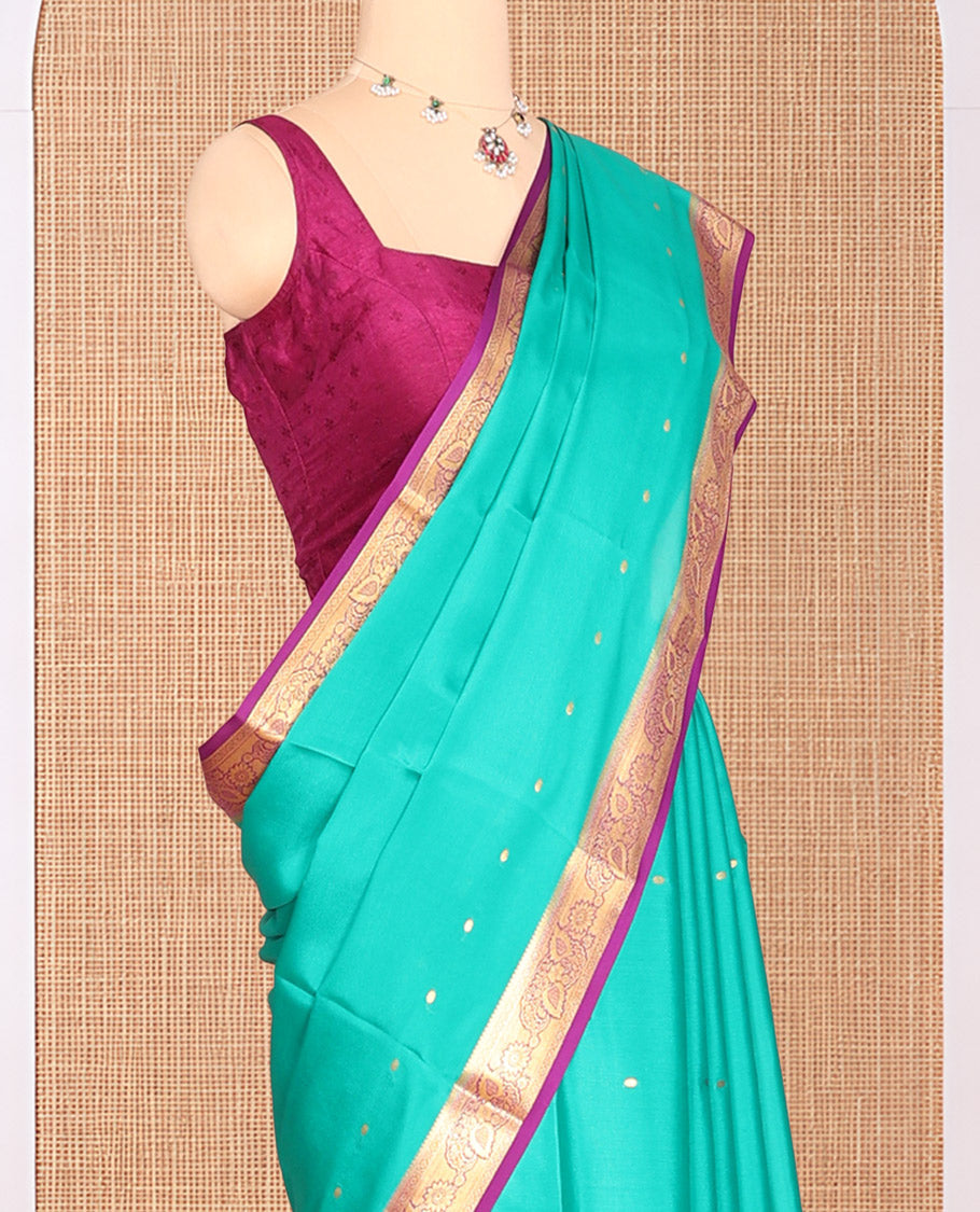 Turquoise Zari Buttas Mysore Silk Saree, Complemented by a Contrast Traditional Zari Border, Zari Design Pallu, and a Contrast Blouse