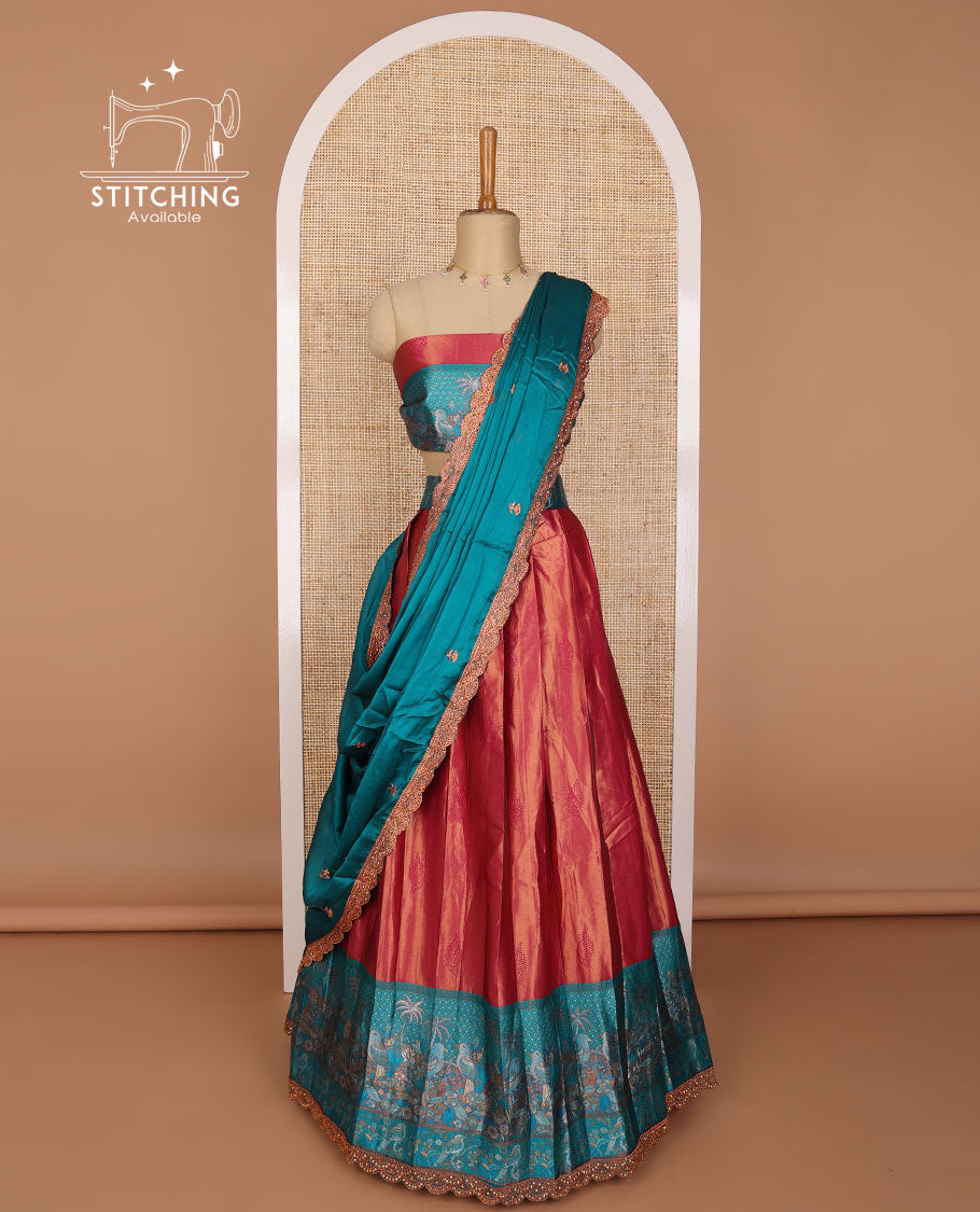 Red tissue half saree with contrast forest theme border, forest theme design blouse & floral embroidery, scallop border dhavani