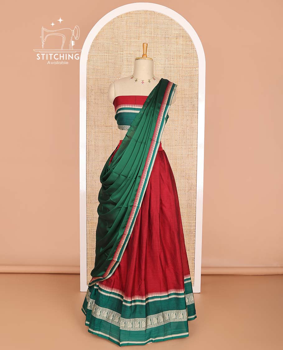 Red cotton half saree with contrast intricate zari design border, zari design blouse & temple border dhavani