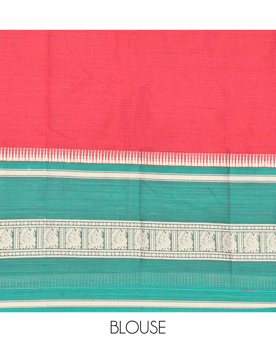 Red cotton half saree with contrast intricate zari design border, zari design blouse & temple border dhavani