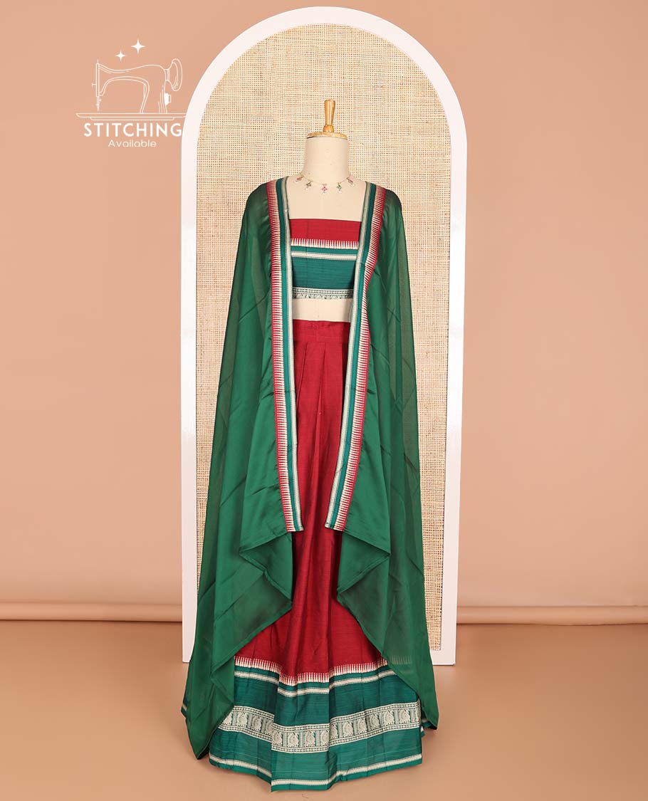Red cotton half saree with contrast intricate zari design border, zari design blouse & temple border dhavani