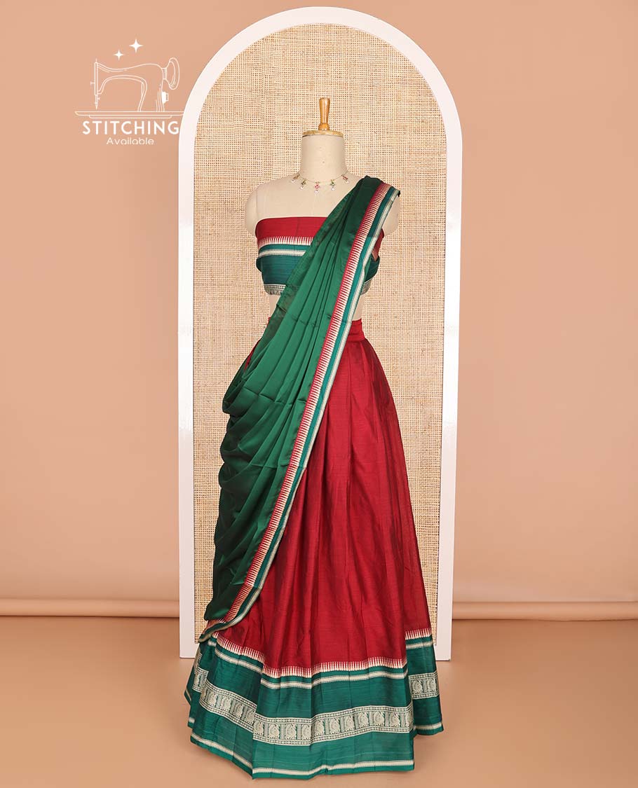 Red cotton half saree with contrast intricate zari design border, zari design blouse & temple border dhavani