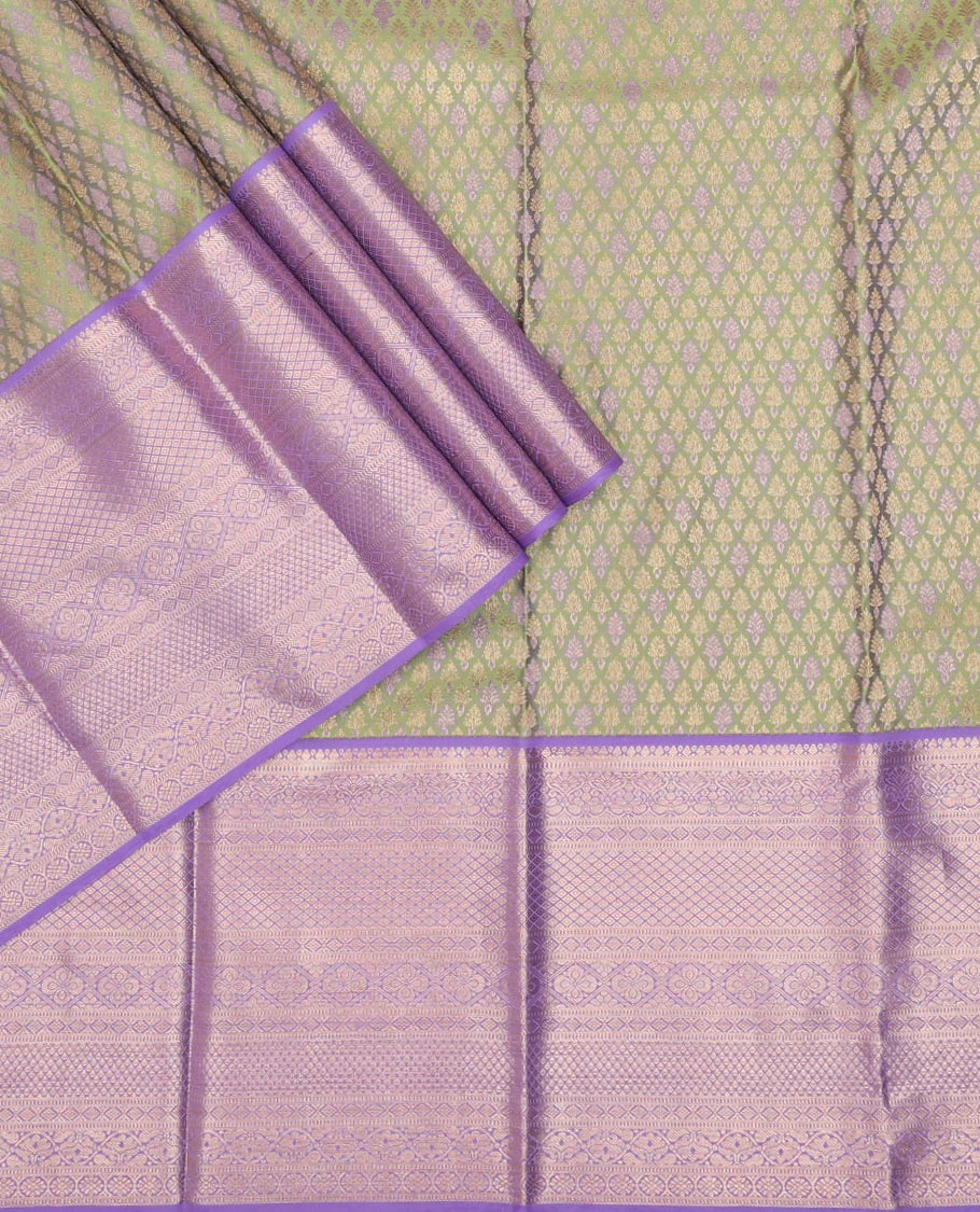 Green buttas pure-mix half saree,contrast zari design dhavani, zari blouse & border of kamalam,muthu,mayil kann,diamond & jaal