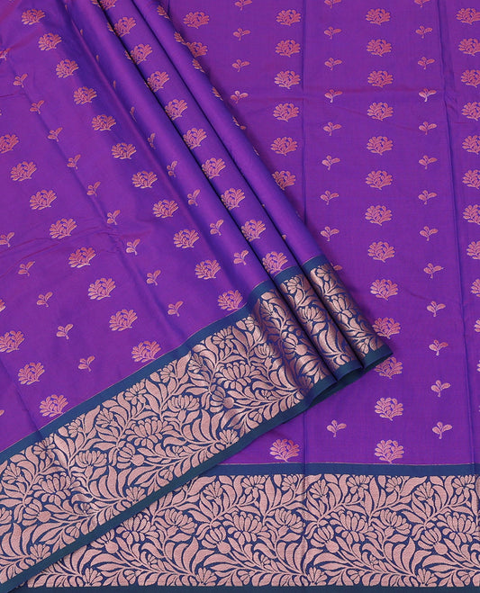 Violet Art Silk Pavadai Material Set Enriched with Floral Zari Buttas All Over the Skirt, Complemented by a Contrast Floral Jaal Zari Border, and Paired with a Contrast Blouse