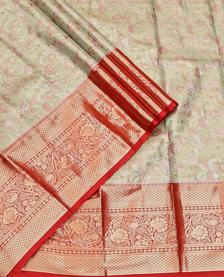 Pale Green Art Silk Half-Saree, Embellished with Jacquard Design, Contrast Traditional Zari Border, Paired with a Contrast Jacquard Blouse, and an Intricate Dhavani