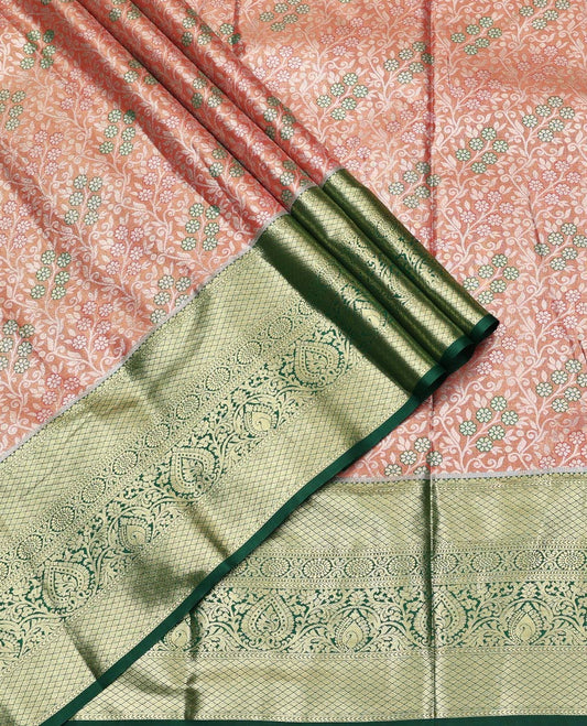 Peach Art Silk Half-Saree, Majestically Detailed with Jacquard Design, Contrast Traditional Zari Border, Paired with a Contrast Jacquard Blouse, and an Intricate Dhavani