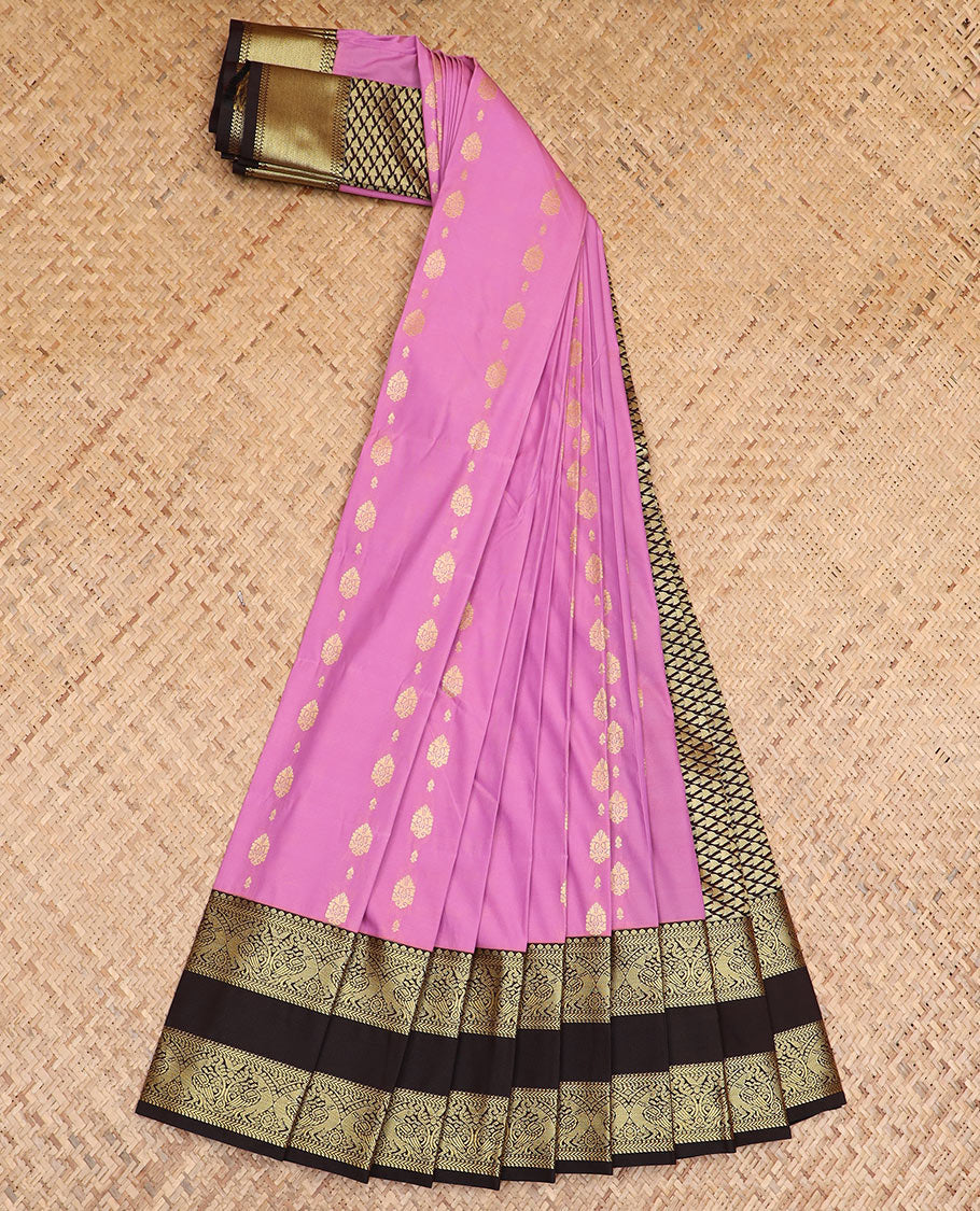 Pink zari buttas budget silk saree, contrast traditional zari design rettai pettu border, and jaal pallu