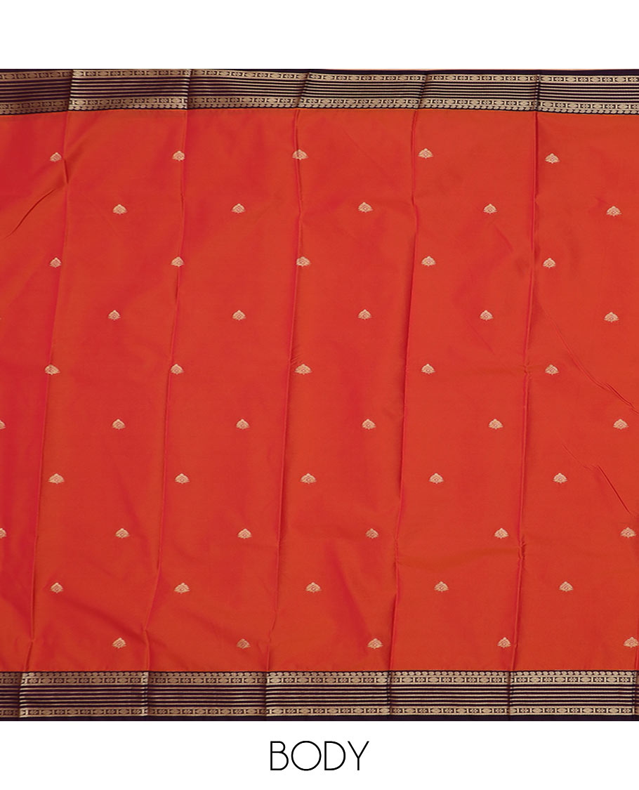 Orange zari buttas budget silk saree, contrast traditional zari border, and jaal pallu
