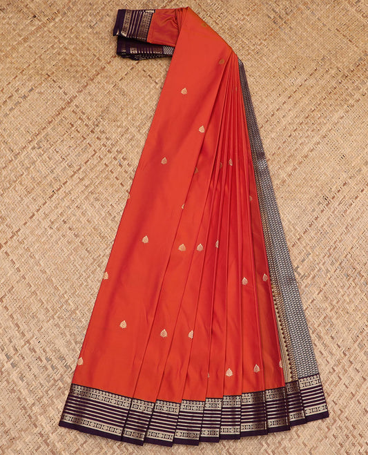 Orange zari buttas budget silk saree, contrast traditional zari border, and jaal pallu