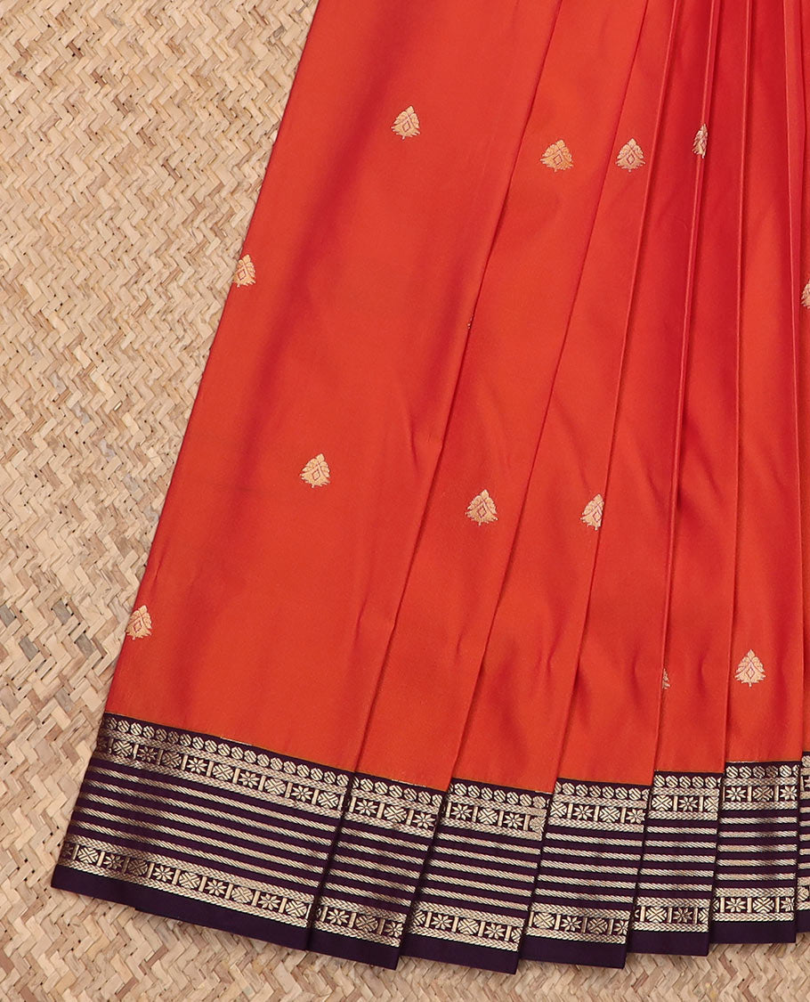 Orange zari buttas budget silk saree, contrast traditional zari border, and jaal pallu