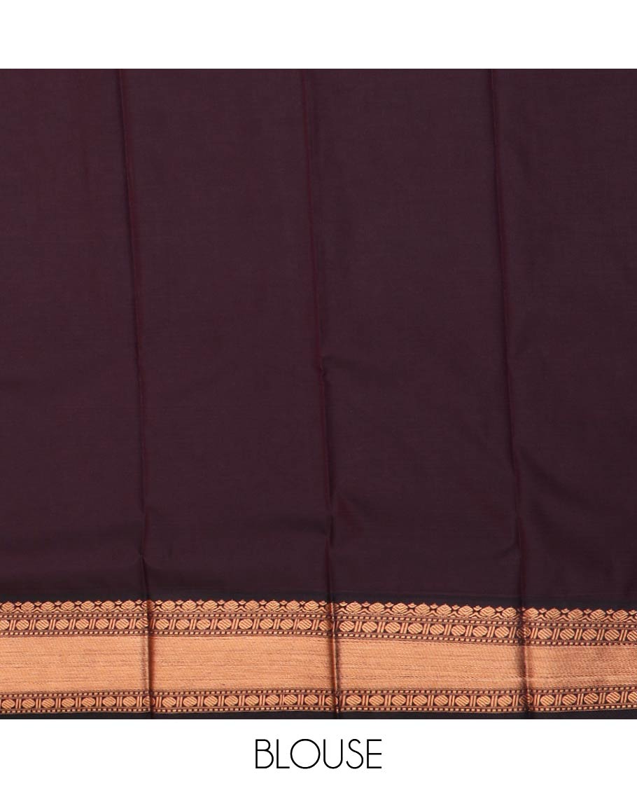 Sandal striped and paisley buttas gift saree, contrast traditional zari border, and jaal pallu