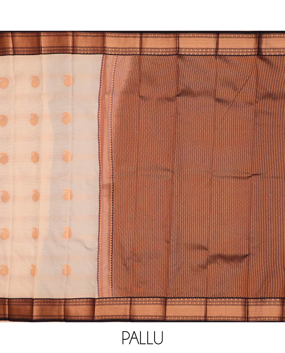 Sandal striped and paisley buttas gift saree, contrast traditional zari border, and jaal pallu