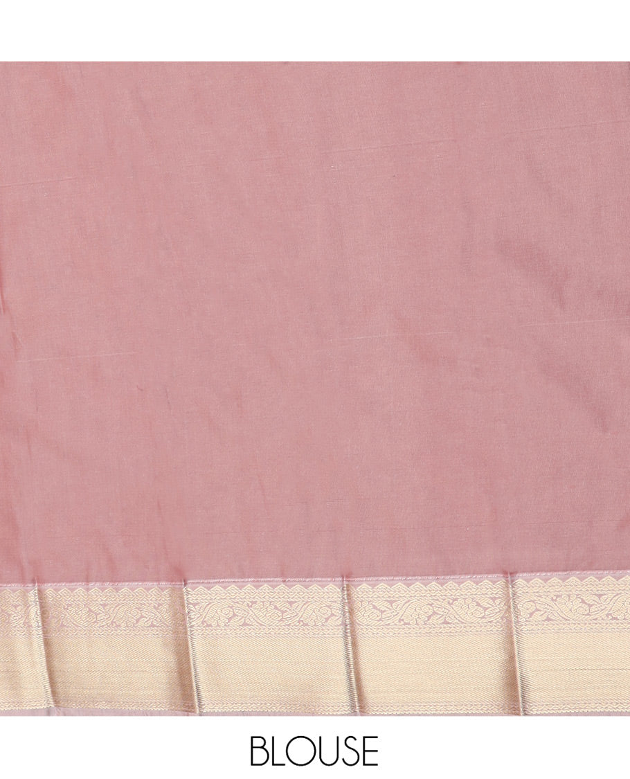 Blue Budget Silk Saree Bedecked with Zari Stripes and Buttas, Complemented by a Contrast Border of Traditional Zari Designs, Subtly Designed Pallu of Geometric Designs, and Paired with a Contrast Blouse