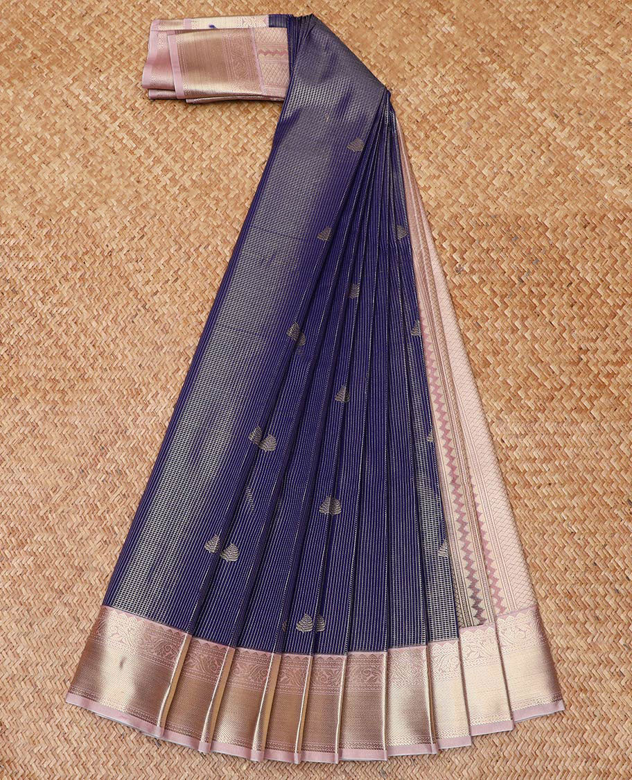 Blue Budget Silk Saree Bedecked with Zari Stripes and Buttas, Complemented by a Contrast Border of Traditional Zari Designs, Subtly Designed Pallu of Geometric Designs, and Paired with a Contrast Blouse