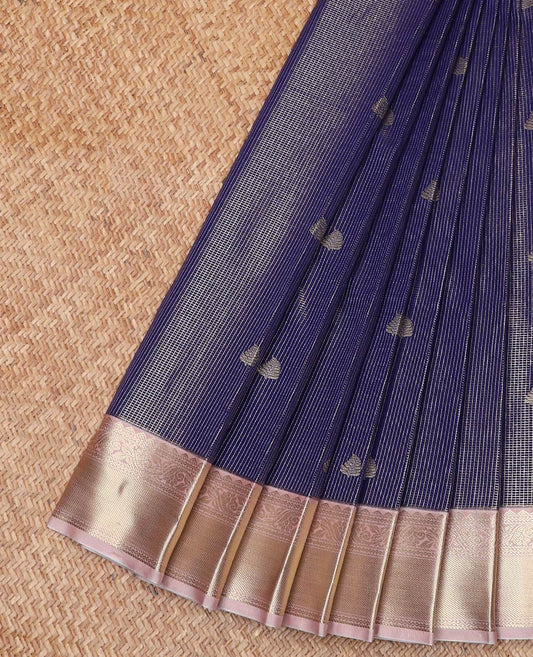 Blue Budget Silk Saree Bedecked with Zari Stripes and Buttas, Complemented by a Contrast Border of Traditional Zari Designs, Subtly Designed Pallu of Geometric Designs, and Paired with a Contrast Blouse