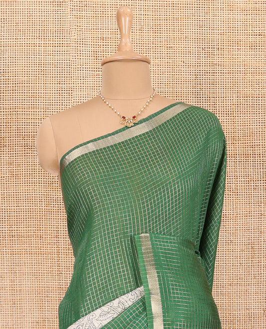 Green Assam Silk Saree Subtly Sparkled with Micro-Checks and Kalamkari Floral Prints, Featuring a Simple Piping Border, a Pallu Woven with Zari Stripes, Paired with a Matching Checked Blouse