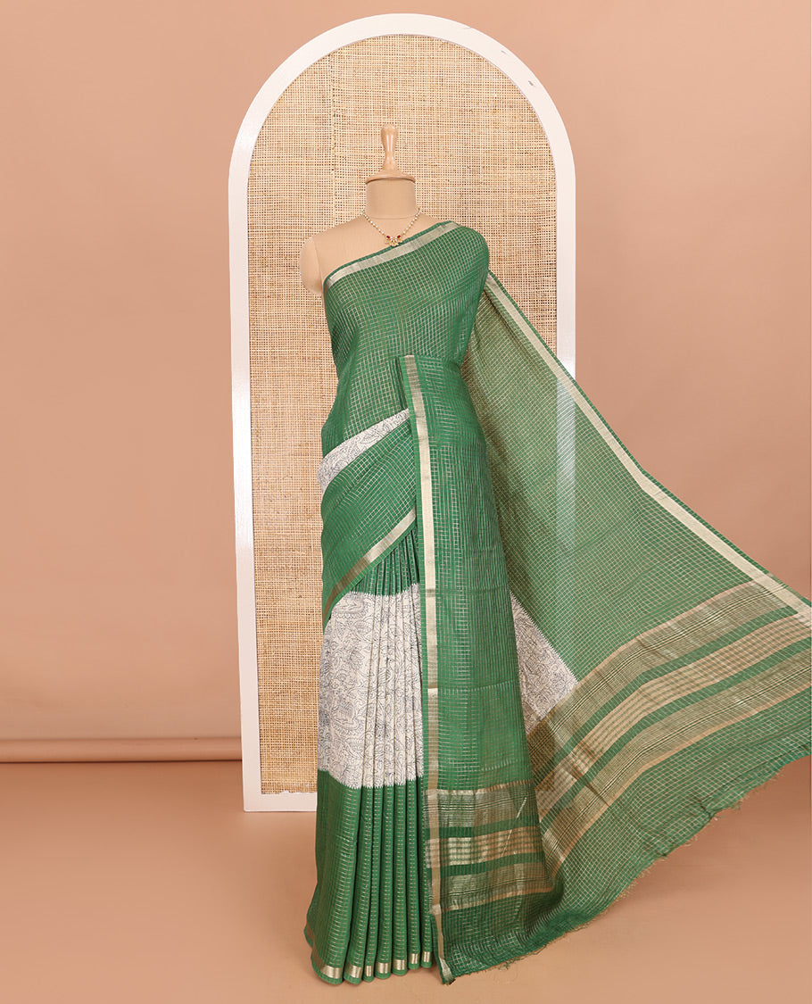 Green Assam Silk Saree Subtly Sparkled with Micro-Checks and Kalamkari Floral Prints, Featuring a Simple Piping Border, a Pallu Woven with Zari Stripes, Paired with a Matching Checked Blouse