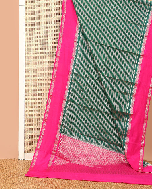 Dark green zig-zag stripes with polka dots zari woven assam silk saree, contrast traditional motifs woven double border, and zari jaal pallu