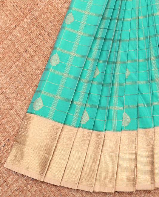 Turquoise Budget Silk Saree, Woven with Zari Butta Enclosed Checks, Complemented by a Contrast Traditional Zari Border, Grand Pallu, and Contrast Blouse