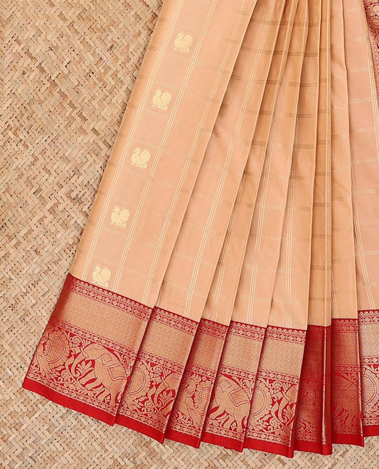 Sandal butta enclosed checked gift saree, contrast traditional design border, and pallu of jaal designs