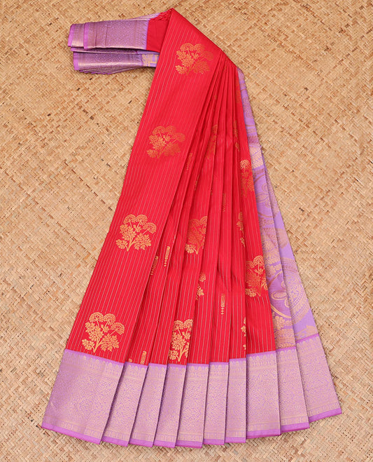 Red striped and floral motifs budget silk saree, contrast traditional zari design border, and intricate pallu