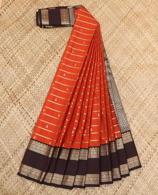 Rust orange zari buttas and striped budget silk saree, contrast traditional zari rettai pettu border, and jaal pallu