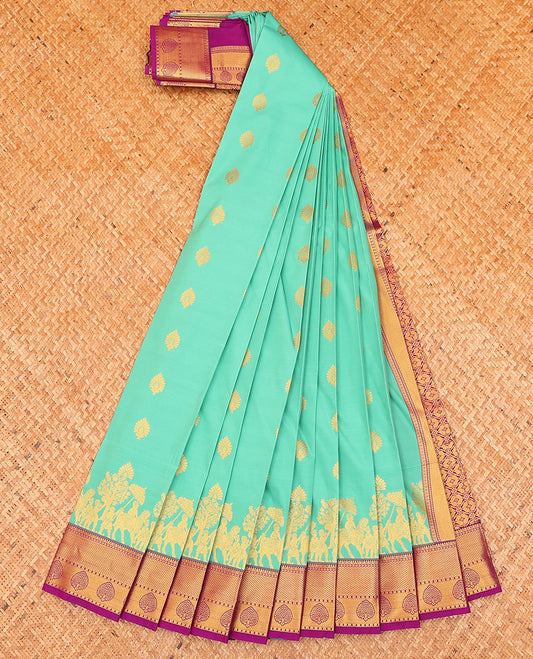 Turquoise buttas and human motifs budget silk saree, contrast traditional zari design border, and intricate pallu