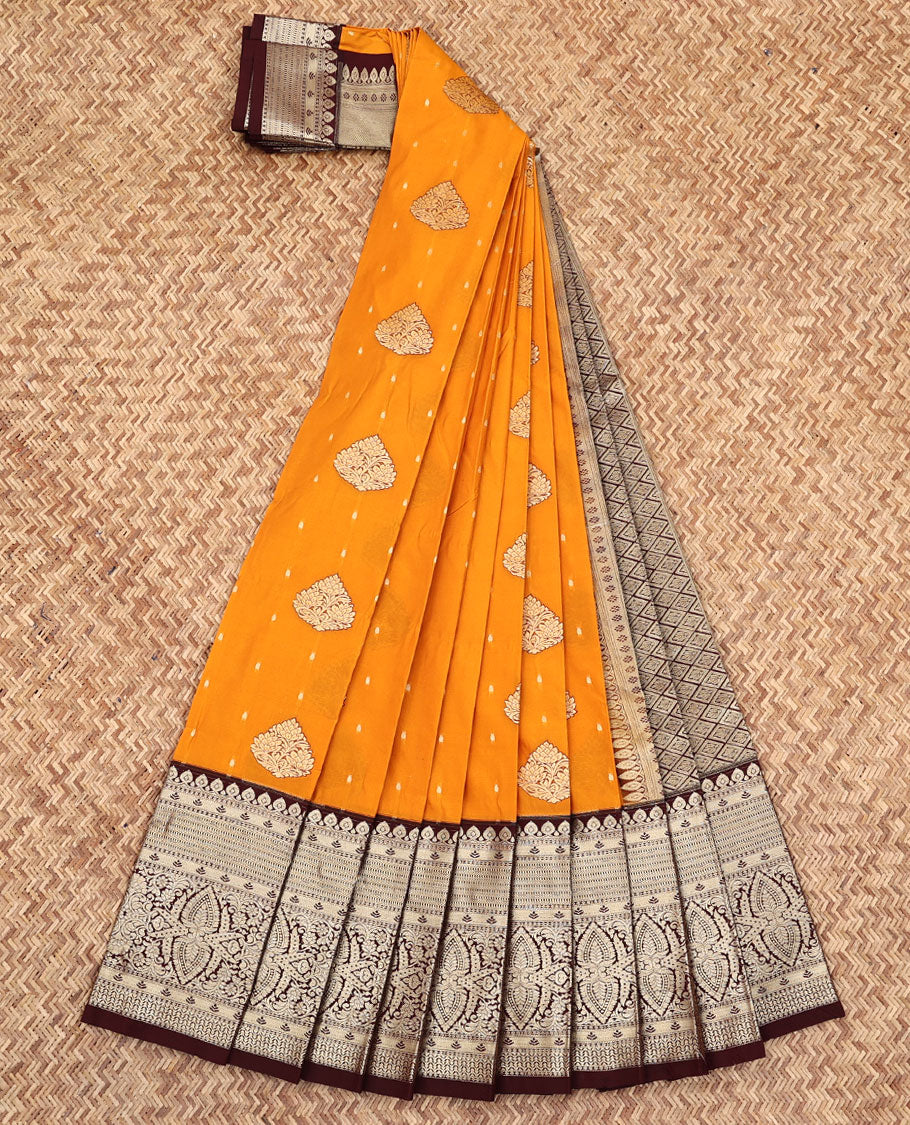 Orange Budget Silk Saree, Mesmerized with Buttas All Over Its Body, Complemented by a Contrast Traditional Zari Design Border, Grand Pallu of Jaal Design, and Paired with a Contrast Blouse