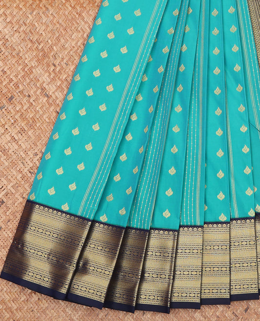 Blue Budget Silk Saree, Accentuated with Zari Butta and Stripes on Its Body, Complemented by a Contrast Traditional Zari Design Border, Pallu of Geometric Designs, and Paired with a Contrast Blouse