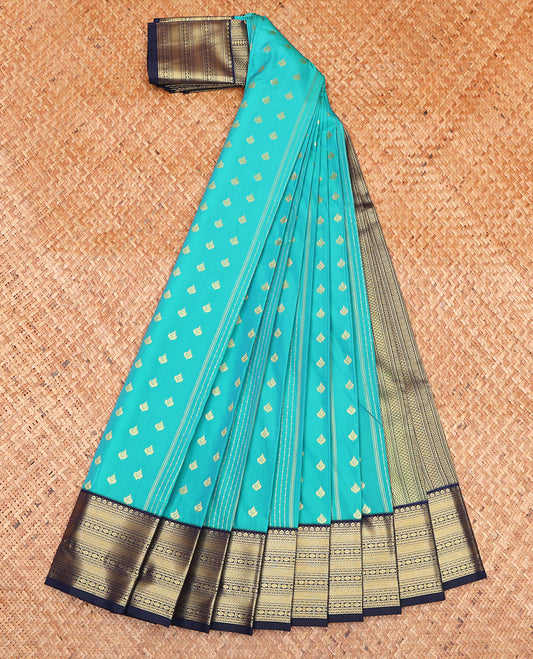 Blue Budget Silk Saree, Accentuated with Zari Butta and Stripes on Its Body, Complemented by a Contrast Traditional Zari Design Border, Pallu of Geometric Designs, and Paired with a Contrast Blouse