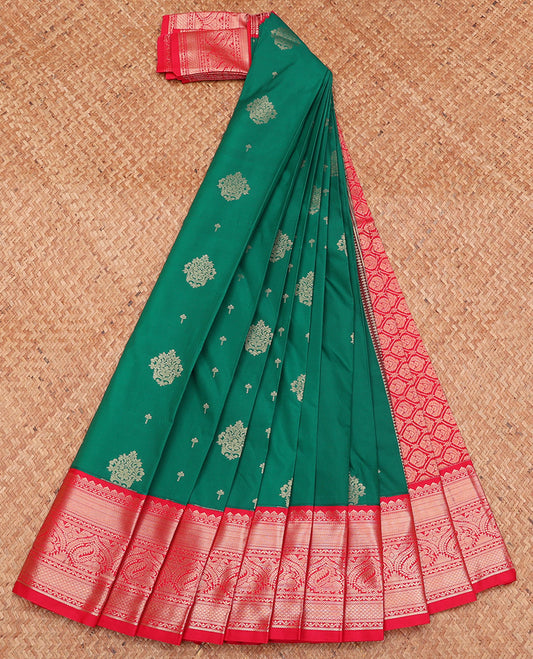 Green Budget Silk Saree, Embellished with Zari Buttas, Complemented by a Contrast Traditional Zari Border, Jaal Pallu, and a Contrast Blouse