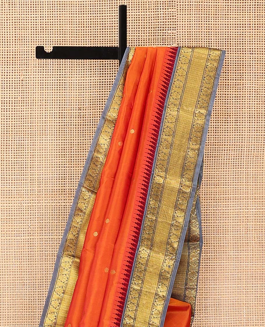 Orange zari buttas Bangalore silk saree, contrast temple traditional zari border, and zari-rich jaal pallu