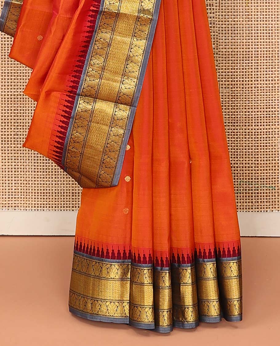 Orange zari buttas Bangalore silk saree, contrast temple traditional zari border, and zari-rich jaal pallu