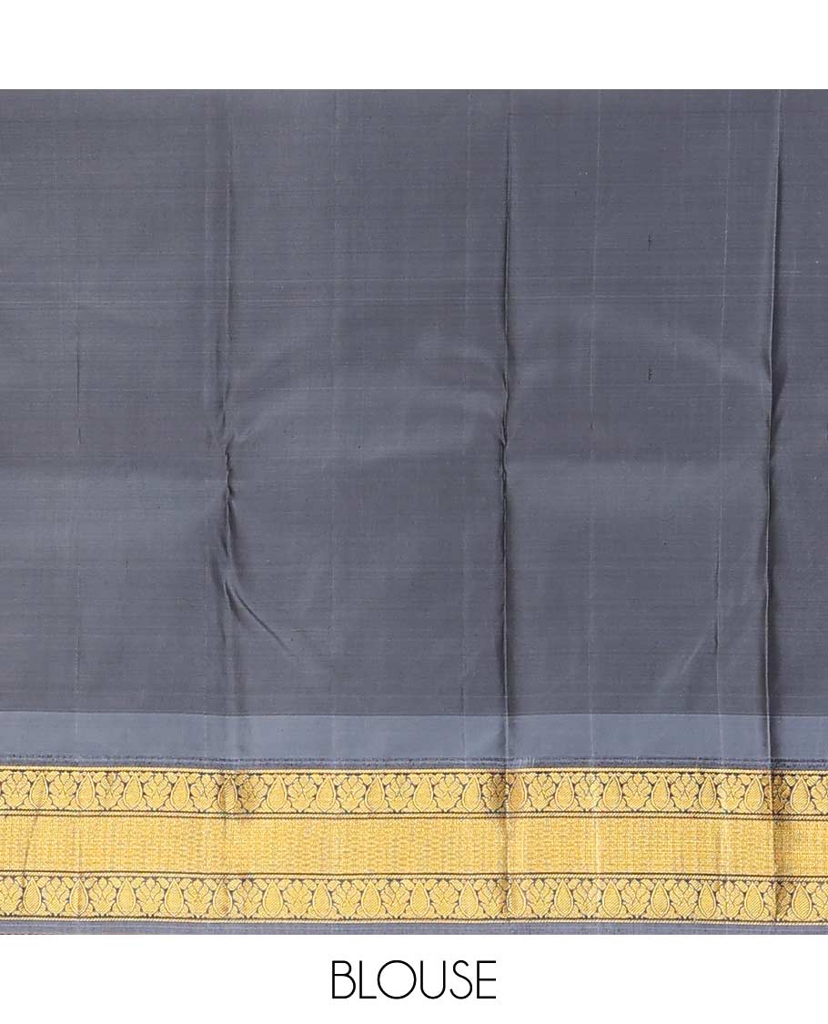 Orange zari buttas Bangalore silk saree, contrast temple traditional zari border, and zari-rich jaal pallu