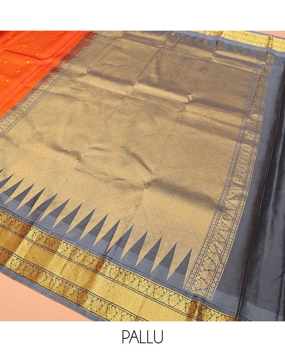Orange zari buttas Bangalore silk saree, contrast temple traditional zari border, and zari-rich jaal pallu