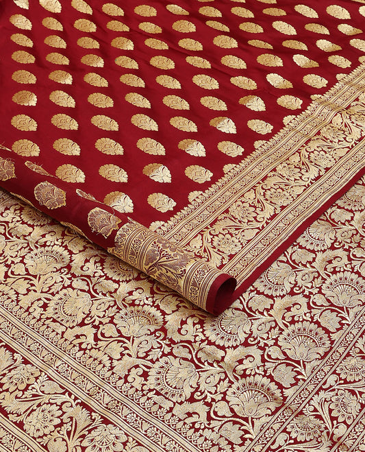 Maroon banarasi silk saree with zari buttas, self-border of floral creeper designs & pallu steeped with floral designs