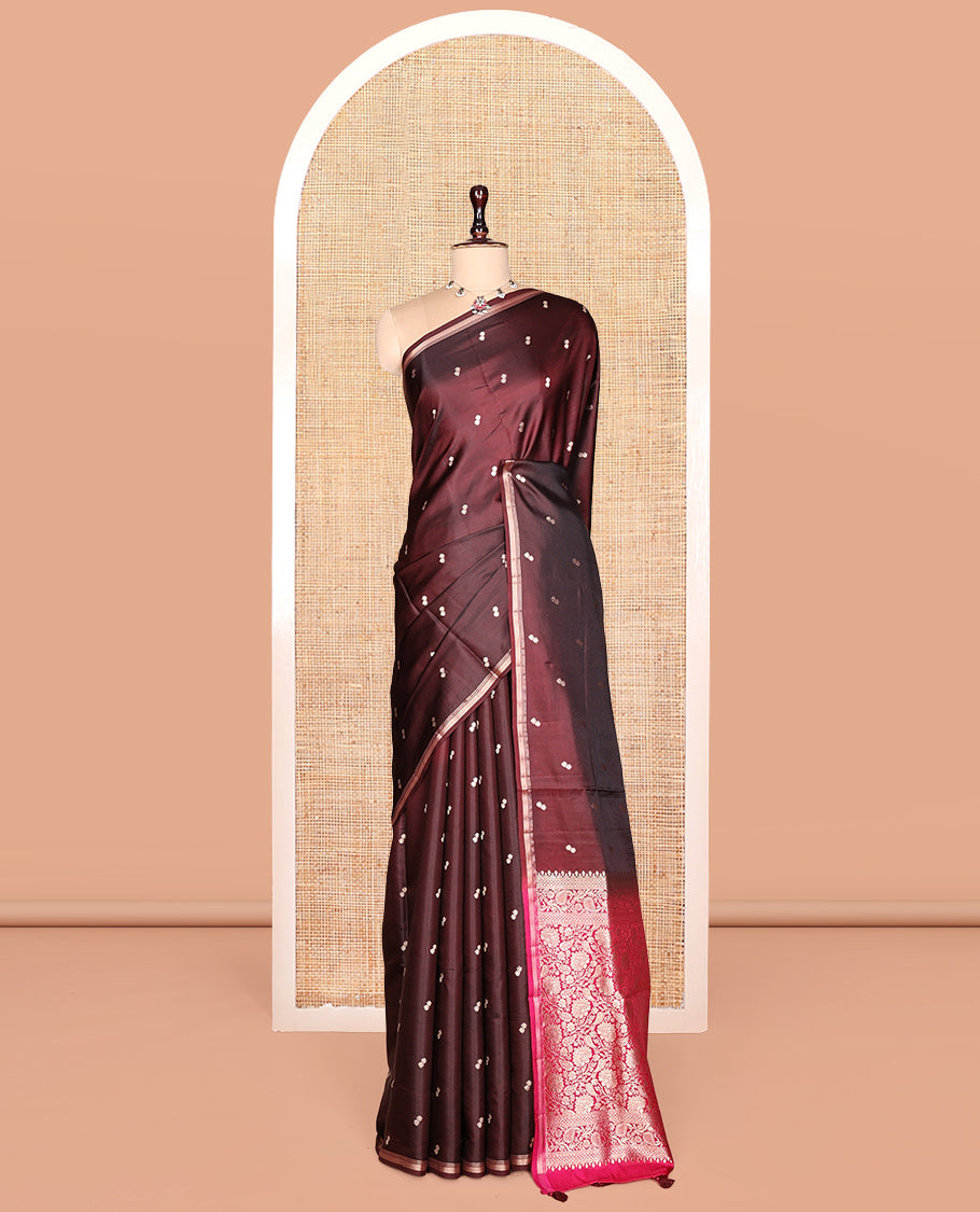 Maroon Satin Silk Saree, Finely Crafted with Buttas, a Subtle Piping Border, Complemented by a Contrast Floral-Paisley Jaal Pallu, and a Contrast Blouse