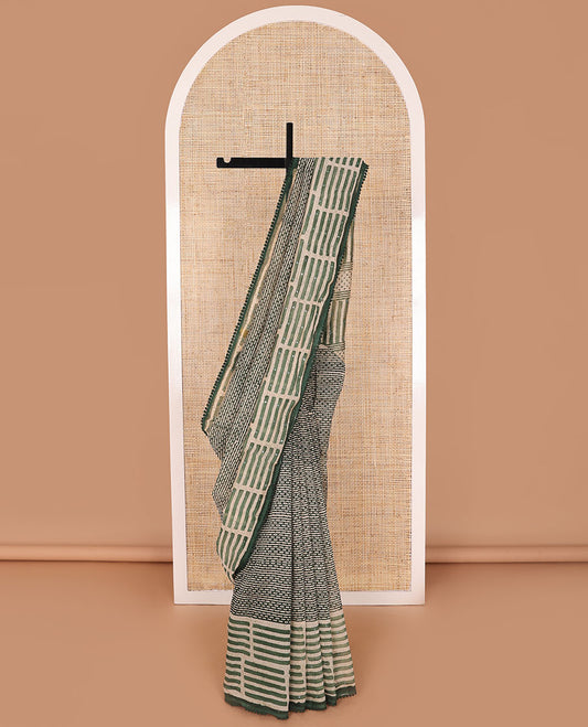 Green geometric design chanderi cotton saree with contrast geometric design, sequins work border & geometric design, sequins work pallu