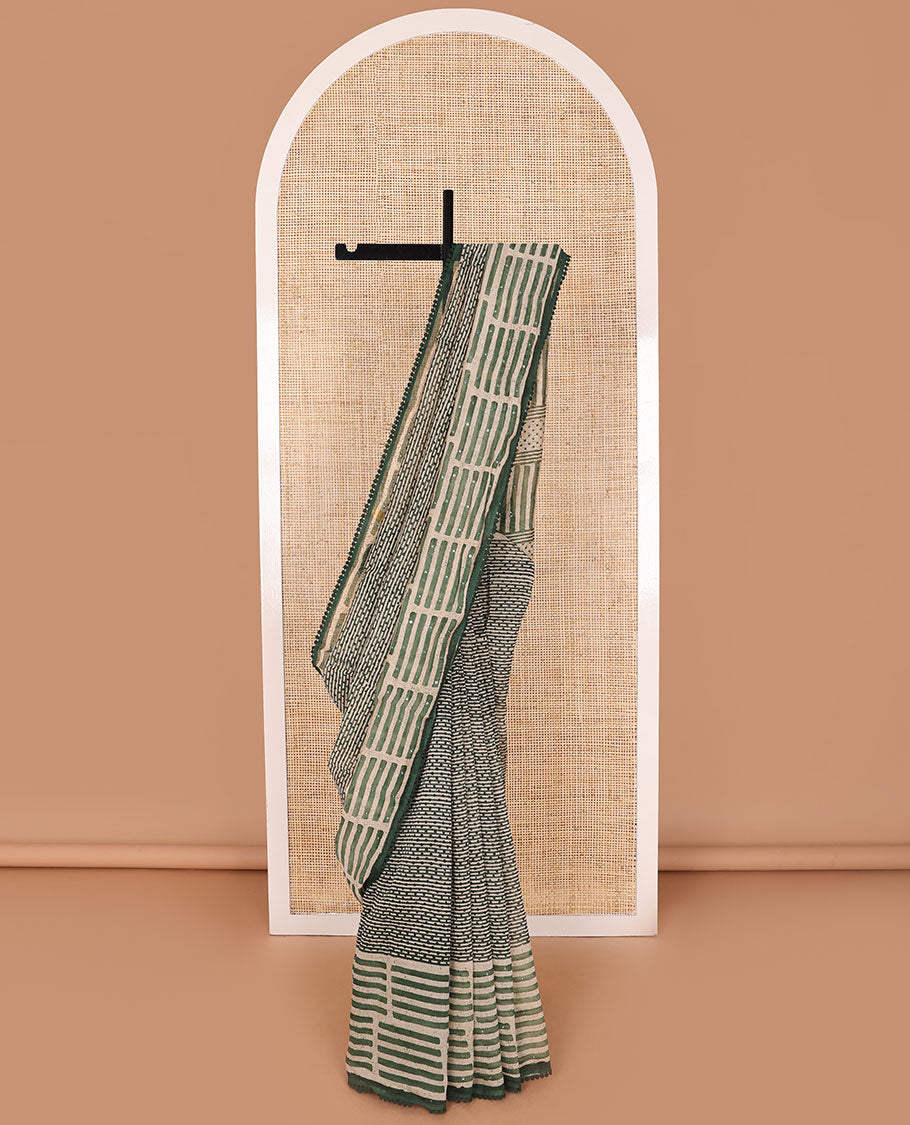 Green geometric design chanderi cotton saree with contrast geometric design, sequins work border & geometric design, sequins work pallu