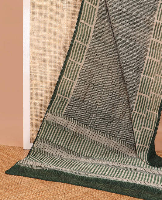 Green geometric design chanderi cotton saree with contrast geometric design, sequins work border & geometric design, sequins work pallu