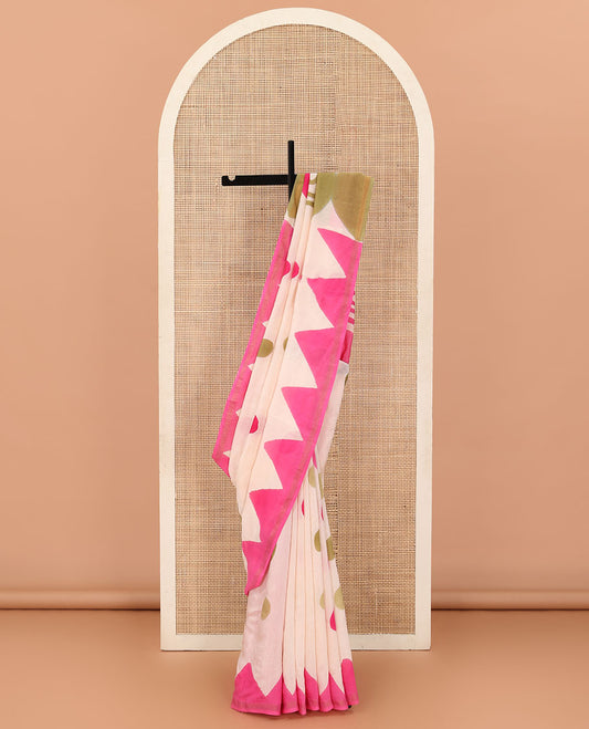 Cream-base colorful polka and triangle patterns printed saree with piping zari border, and printed pallu