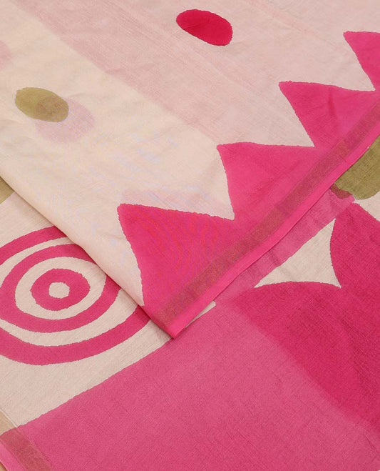 Cream-base colorful polka and triangle patterns printed saree with piping zari border, and printed pallu