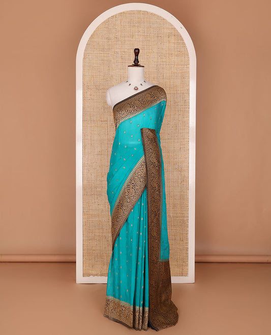 Blue zari buttas fancy crepe saree, contrast paisley design border & pallu steeped with paisleys