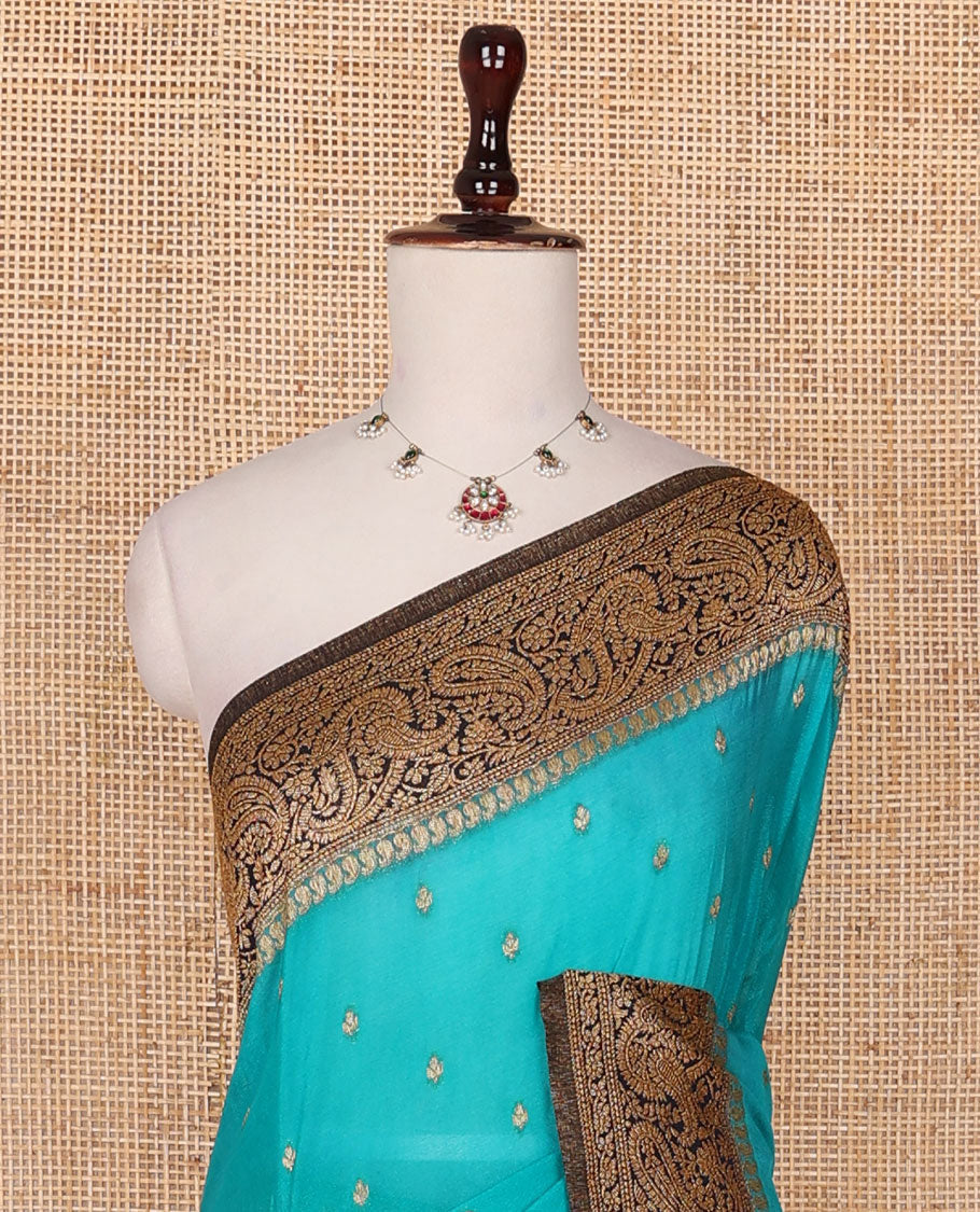 Blue zari buttas fancy crepe saree, contrast paisley design border & pallu steeped with paisleys