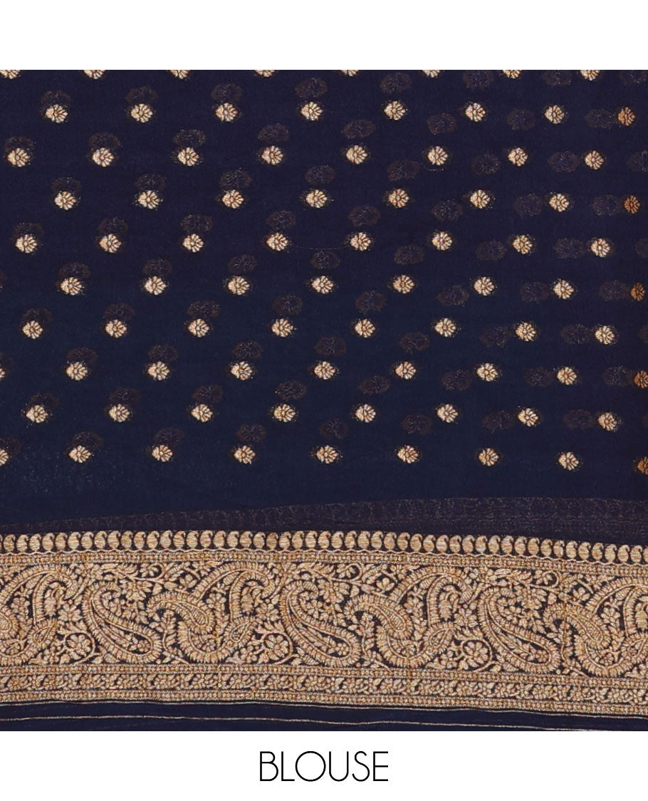 Blue zari buttas fancy crepe saree, contrast paisley design border & pallu steeped with paisleys