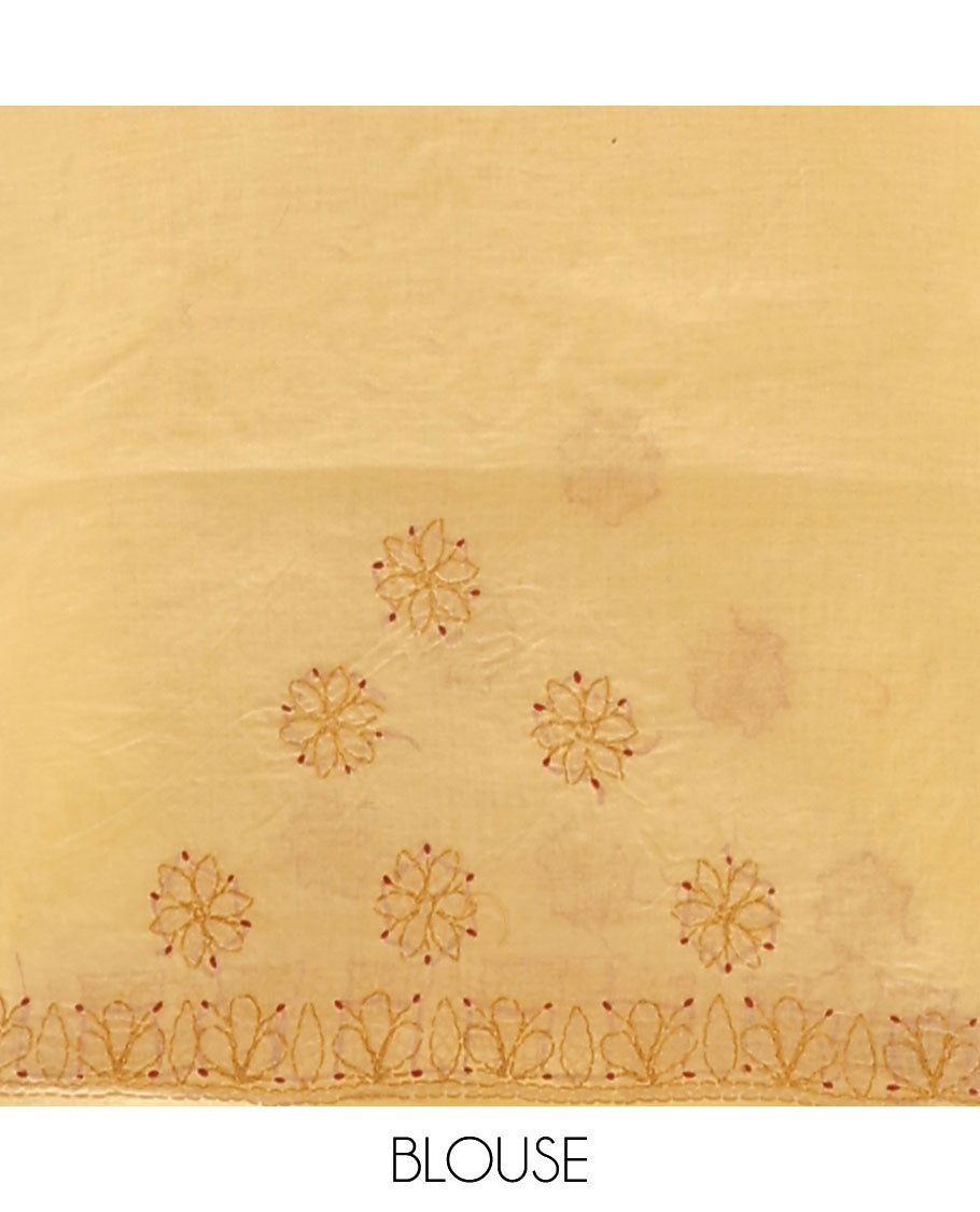 Yellow leaf thread embroidery chikankari cotton saree with self embroidery border