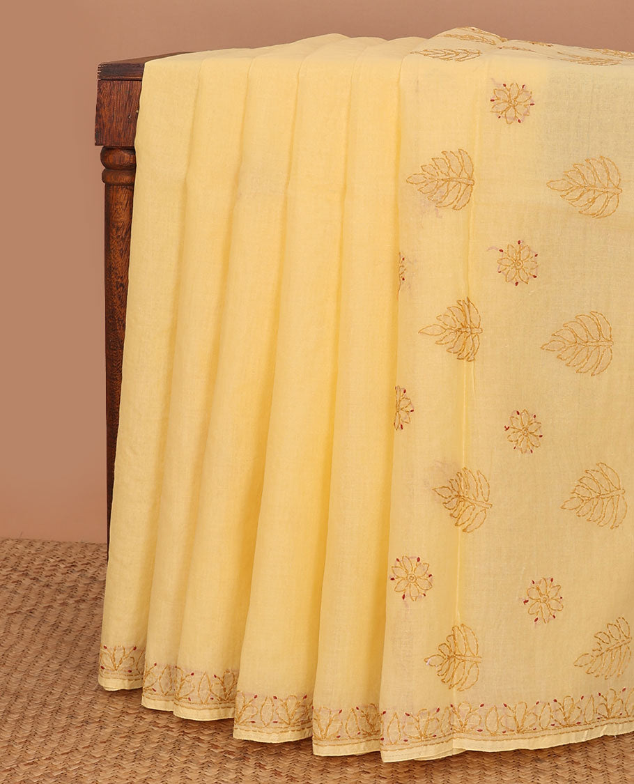 Yellow leaf thread embroidery chikankari cotton saree with self embroidery border
