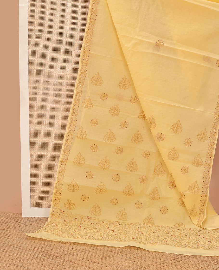 Yellow leaf thread embroidery chikankari cotton saree with self embroidery border