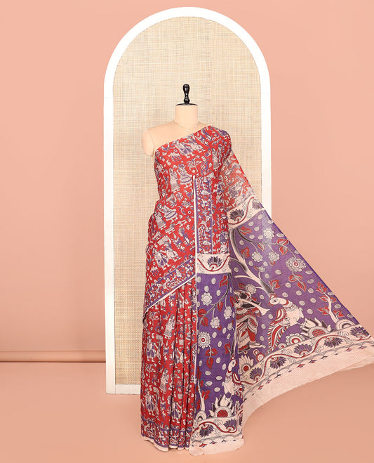 Borderless Red Kalamkari Cotton Saree Features Human Motifs Print, Contrast Ancient Human Printed Kalamkari Pallu, and a Contrast Blouse